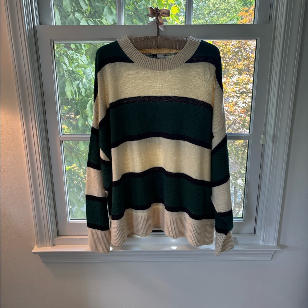 H&M Green and Cream Crew Neck Sweater with Bold Stripes